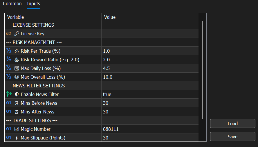 Aura Propfirm EA Input Settings